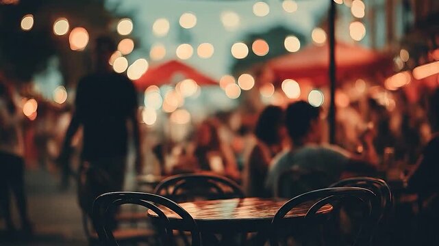 Warm bokeh lights illuminate a blurred outdoor cafe scene with people dining.