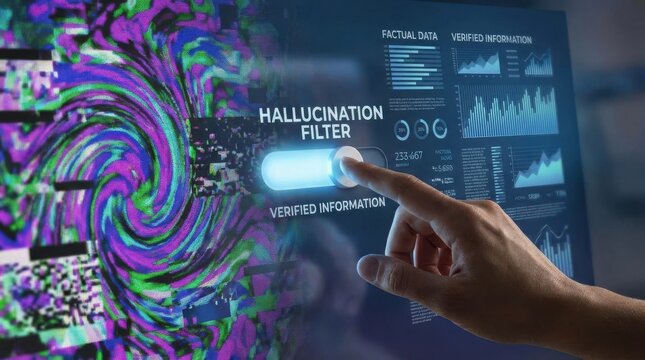 Hand adjusting hallucination filter on digital data visualization screen with verified information