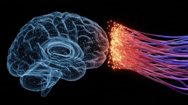 Wireframe digital brain connecting to glowing fiber optic cables. Abstract representation of schizophrenia and mental illness. Neurology, psychology with psychiatric disorder data concept.