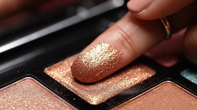 Close-up of a hand applying shimmering eyeshadow from a palette, showcasing the gradual buildup of color and texture across three sequential frames in a beauty setting