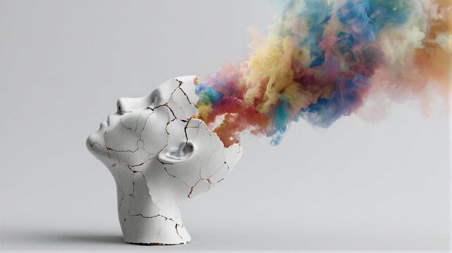 Broken white head statue with colorful smoke coming from cracked skull. Conceptual illustration representing schizophrenia, mental health disorder and psychological breakdown of cognition.
