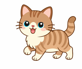 Obraz premium Adorable ginger tabby cat standing with a happy smile and striped fur. Cute pet mascot illustration in flat vector style, perfect for kids, stickers and animal-themed designs.