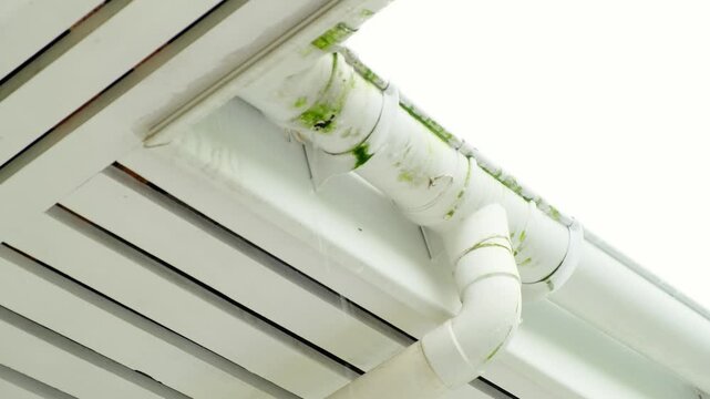 Rainwater drips from a white rooftop drainage pipe attached under the roof edge in a close-up outdoor view. The footage shows water leaking from a gutter connection, useful for building maintenance