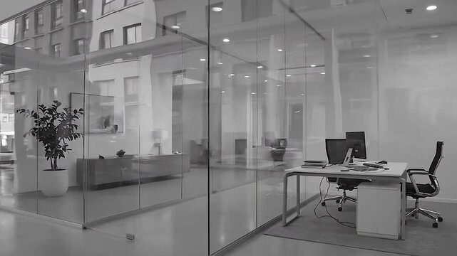Sleek modern office interior with glass partitions and empty workspaces.