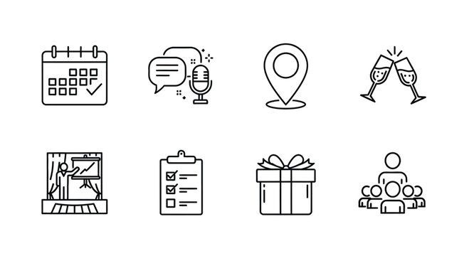 Eight icons representing various event planning and celebration elements Vector