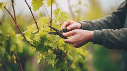 Naklejka premium A vineyard worker thinning grape clusters with pruning scissors to improve wine grapes.
