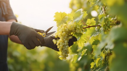 Naklejka premium A vineyard worker thinning grape clusters with pruning scissors to improve wine grapes.
