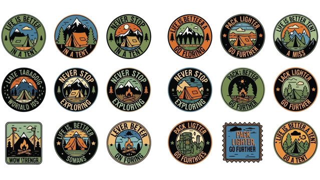 Collection of colorful embroidered patches depicting outdoor adventure themes