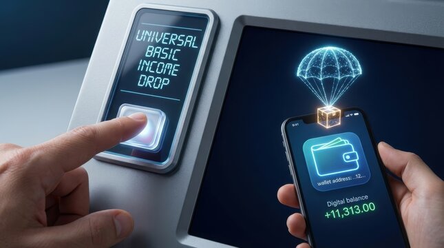 Hand pressing Universal Basic Income app on smartphone with AI brain hologram and financial data