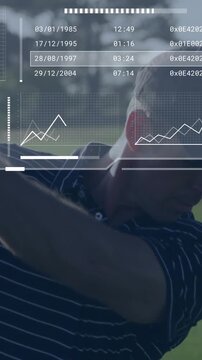Golfer preparing shot fairway rotating into backswing causing tech charts tracking swing metrics