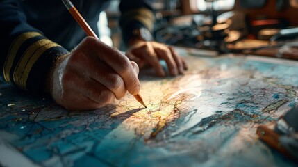 Obraz premium A marine navigation officer plotting ship coordinates with pencil on nautical chart map.