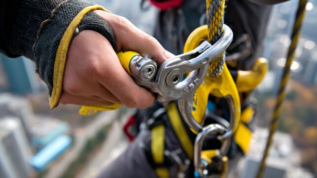 A professional rope access technician attaching descender device to a safety rope.
