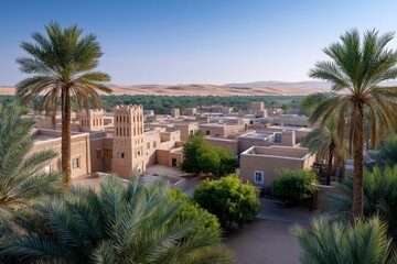 Fototapeta premium Aerial photography of an oasis town in the Middle East, palm trees surrounding traditional mudbrick houses, desert stretching into the distance, bright sunlight, harmonious earthy tones