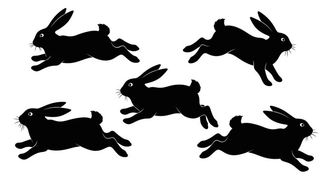 Set of 5 black rabbit silhouettes vector