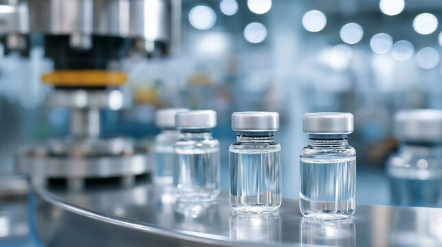 Aseptic filling line dispenses injectable medication into sterile vials under laminar flow, robotic capping system operating in pharmaceutical cleanroom environment, ideal for drug manufacturing