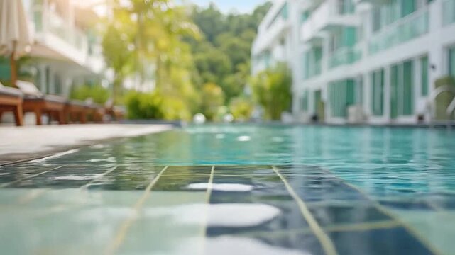 Clear blue water shimmers in a tranquil swimming pool at a modern resort.
