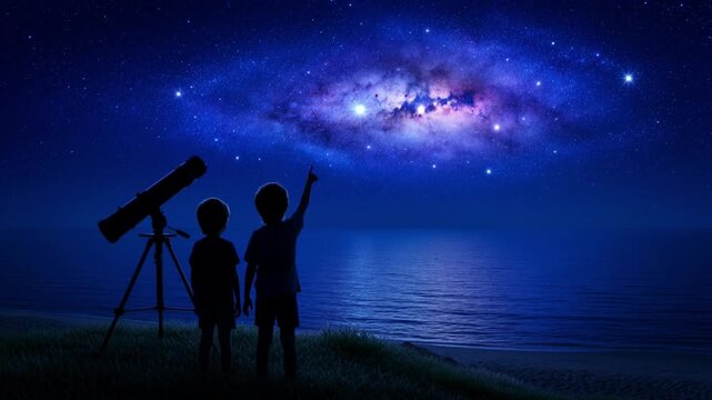 Two boys standing by a telescope on a grassy hill looking up at the stars and galaxy in the night sky
