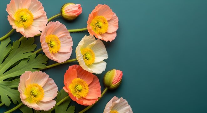 Delicate Poppy Blossoms Gently Arranged On A Dark Teal Surface