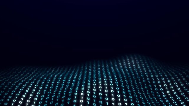 Abstract binary code wave made of glowing zero and one digits flowing smoothly on a dark background. Futuristic digital data stream concept representing programming, artificial intelligence, big data.