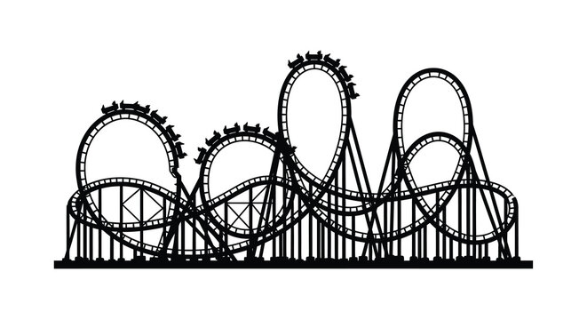 A striking black and white illustration depicts a complex looping rollercoaster track with several cars ascending high quality professional