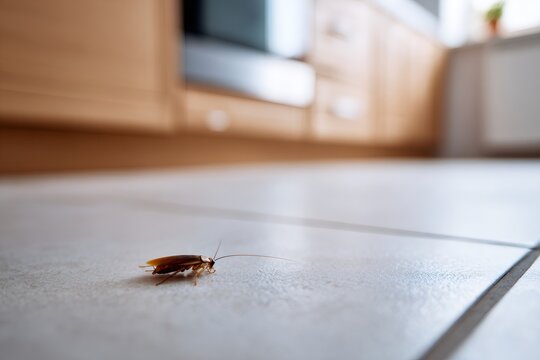 Close-up of a cockroach on a tiled kitchen floor. Pest control and home infestation concept