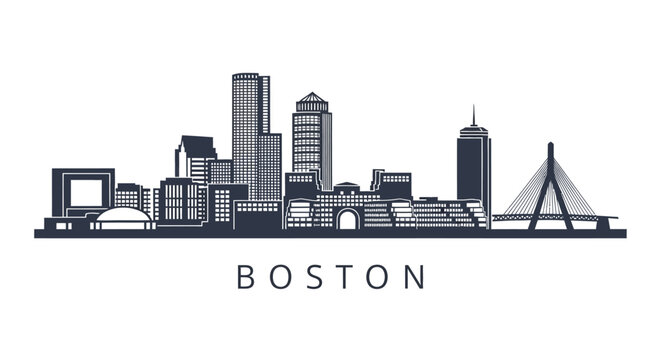 A striking black and white skyline illustration depicts the city of Boston Massachusetts showcasing its iconic buildings and harbor