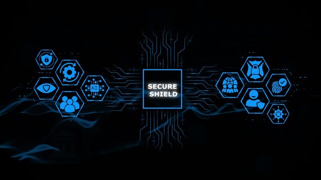 Cybersecurity concept with secure shield and hexagonal shields on dark background with circuit board