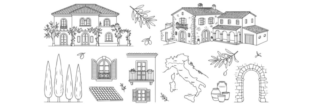Mediterranean Architecture and Garden Elements Hand Drawn Line Art Vector with Italian Villa, Italy Map, Olive Branches, and Arches