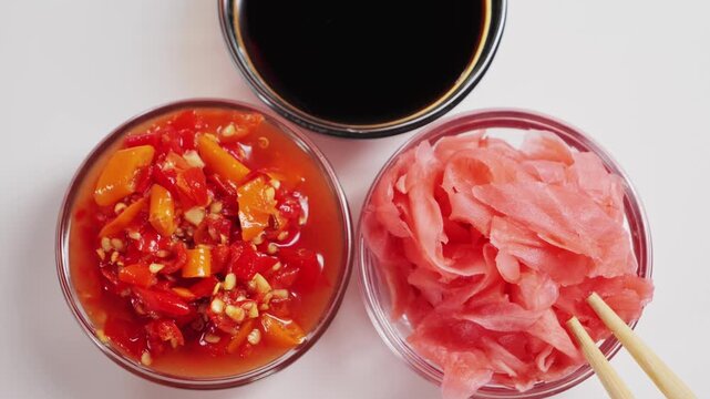 Close up footage of Sichuan spicy hot sauce, soy sauce, pickled red ginger. High quality 4k footage