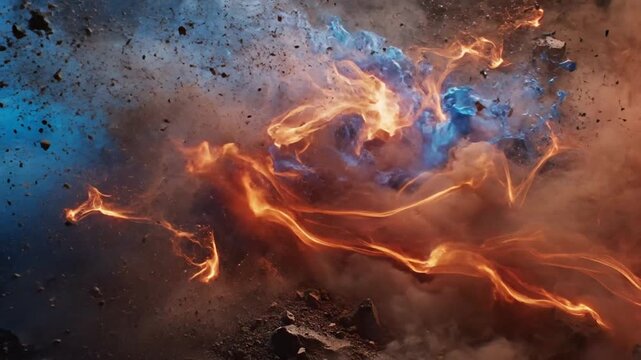 Dynamic blue water and orange fire clashing with debris