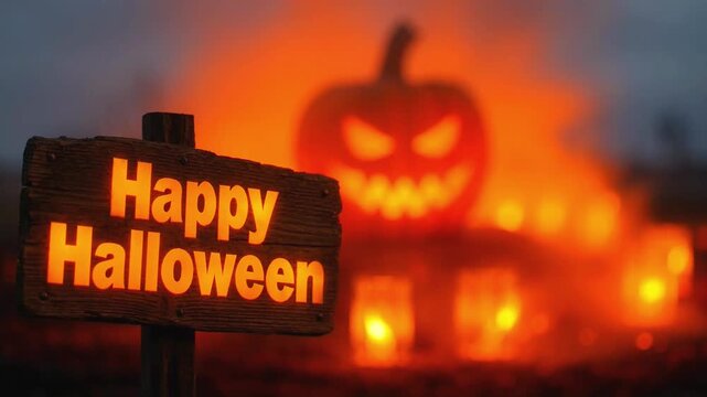Glowing halloween signs with spooky jack o lanterns and candles at night