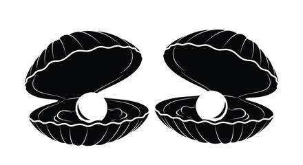 A graphic illustration showcases two black seashells each containing a single luminous white pearl inside high quality professional detailed © Pvect02