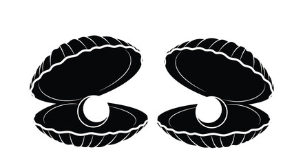 A striking black and white illustration depicts two open seashells showcasing their rounded forms and interior pearls high quality © Pvect02
