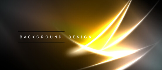 Naklejka premium Dark background features bright golden lines, curves. Modern design element, abstract illumination, gradient effect. Simple, elegant presentation.