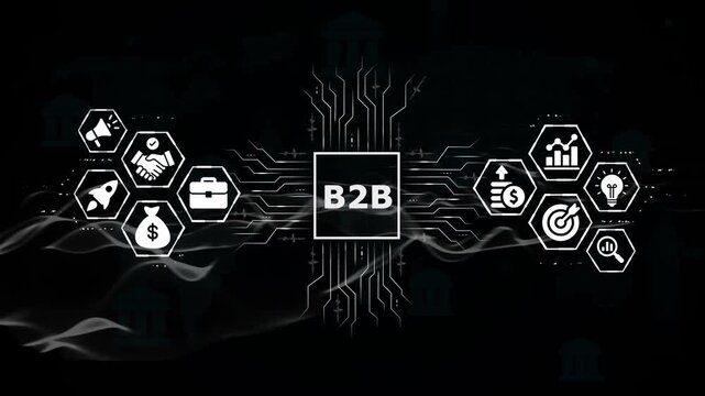 B2 b business to business marketing strategy on dark background with circuit board digital marketing