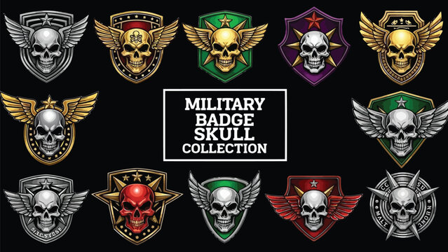 A collection of military skull badges with wings and varied color schemes