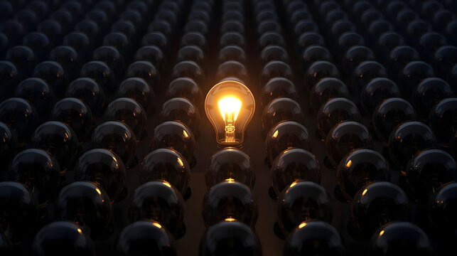 Glowing lightbulb standing out in a dark crowd of extinguished bulbs