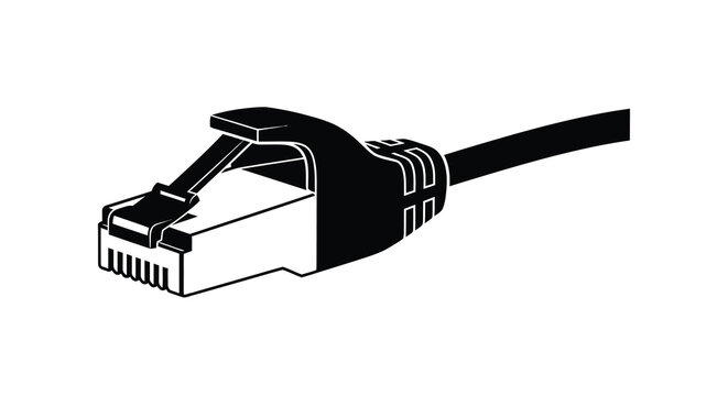 A stark black and white illustration depicts a rj45 ethernet cable connector showcasing its metallic clip and plastic housing high quality