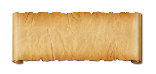 Old crumpled mediaeval Parchment paper scroll isolated on white