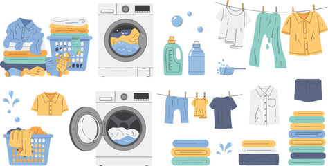 Laundry and Washing Clothes Set with Washing Machine, Detergent, Clothesline and Folded Garments, Household Cleaning Elements for Home Care and Daily Routine Design