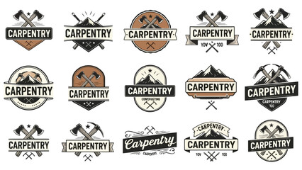 Obraz premium Collection of vintage carpentry logos featuring axes tools and mountain designs