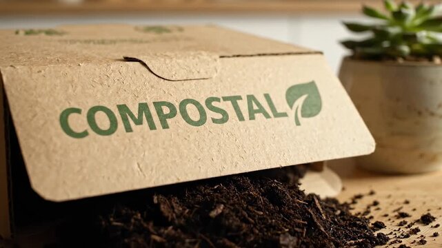 Eco box filled with nutrient-rich soil shows compost concept, reinforced through green fertilizer, plant soil, and renewable, sustainable packaging materials for ecological living