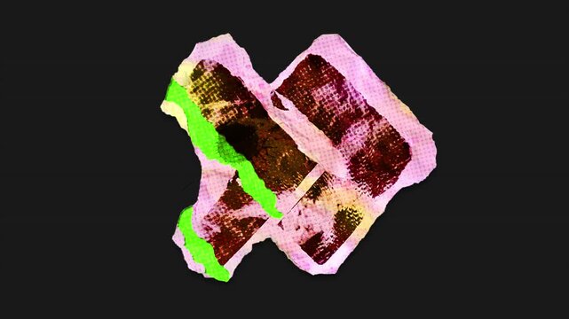 A drag and drop vibrant and brightly coloured arrow with alpha, in a torn creased up paper and card punk style that folds out in to place with worn aged effects and paper tears.
