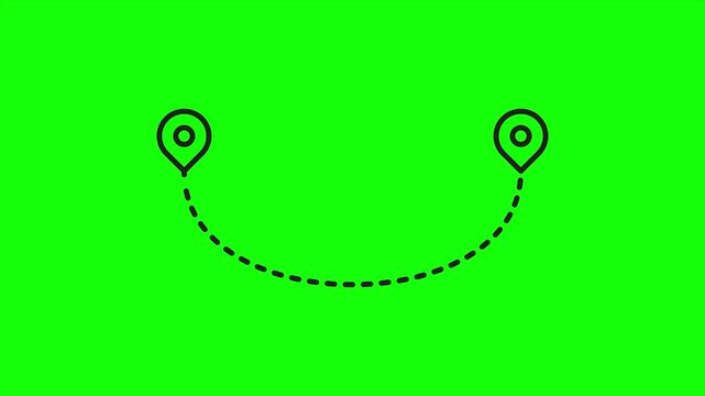 Location pins connected by animated dashed route path on green screen