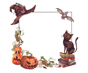Fototapeta premium square frame Halloween - pumpkin, black cat, witch hat, ghost, sweets, leaves, candle, bat, book. vintage watercolor illustration on white background. decoration for postcard, invitation, menu