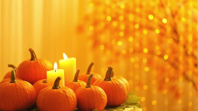 Warm autumnal scene with pumpkins and candles on a table