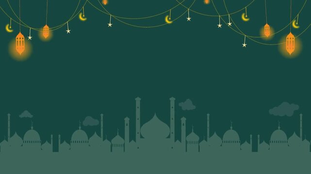 Eid Al Fitr Happy holiday video animation Arabic And Particle Background. Ramadan kareem lettering with mosque copy space, Eid or islamic new
