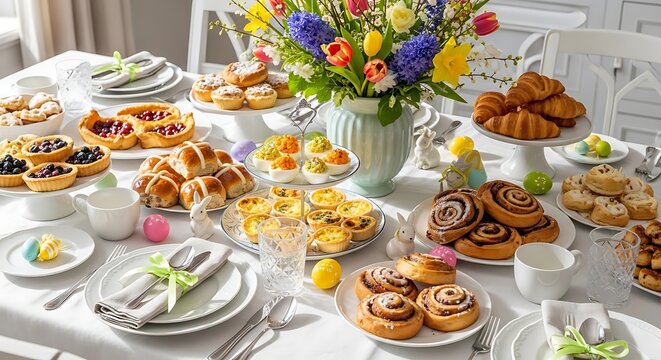 Festive table setting with assorted pastries and floral arrangement