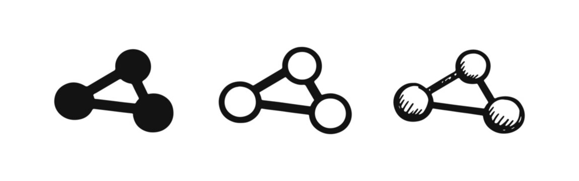 Abstract molecular structure icon set in solid, outline, and hand-drawn doodle styles, representing science and connection.