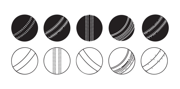 Set of ten different cricket ball designs showing seam types in solid and outline
